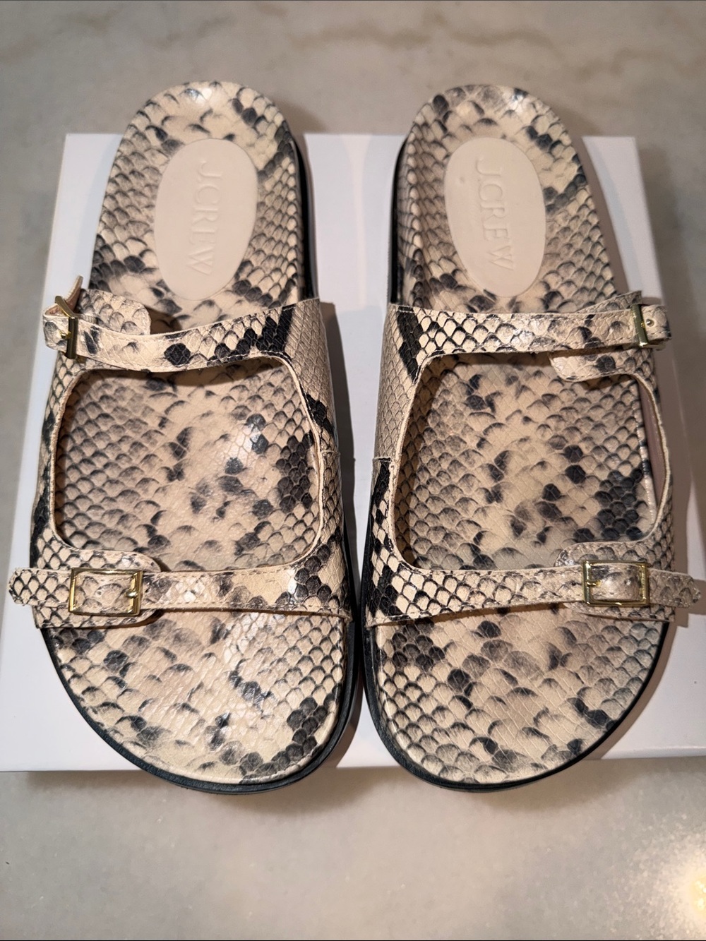J Crew Beige and Black Snake-Print Buckle Slide Sandals 8.5